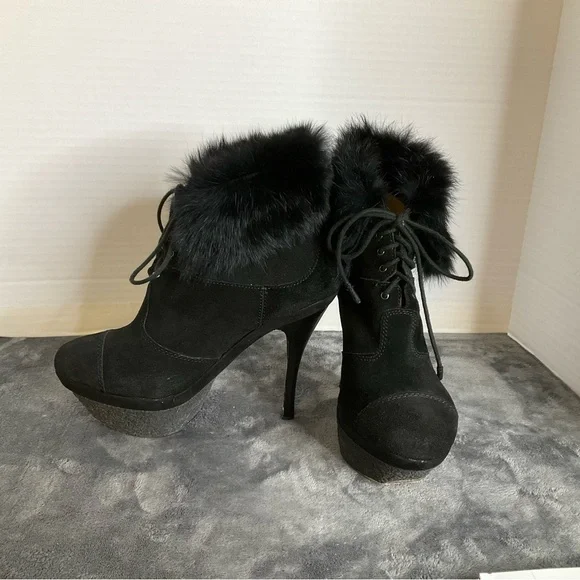 L.A.M.B Platform Suede Leather & Real Fur Booties Size 7.5 Gwen Stefani Booties